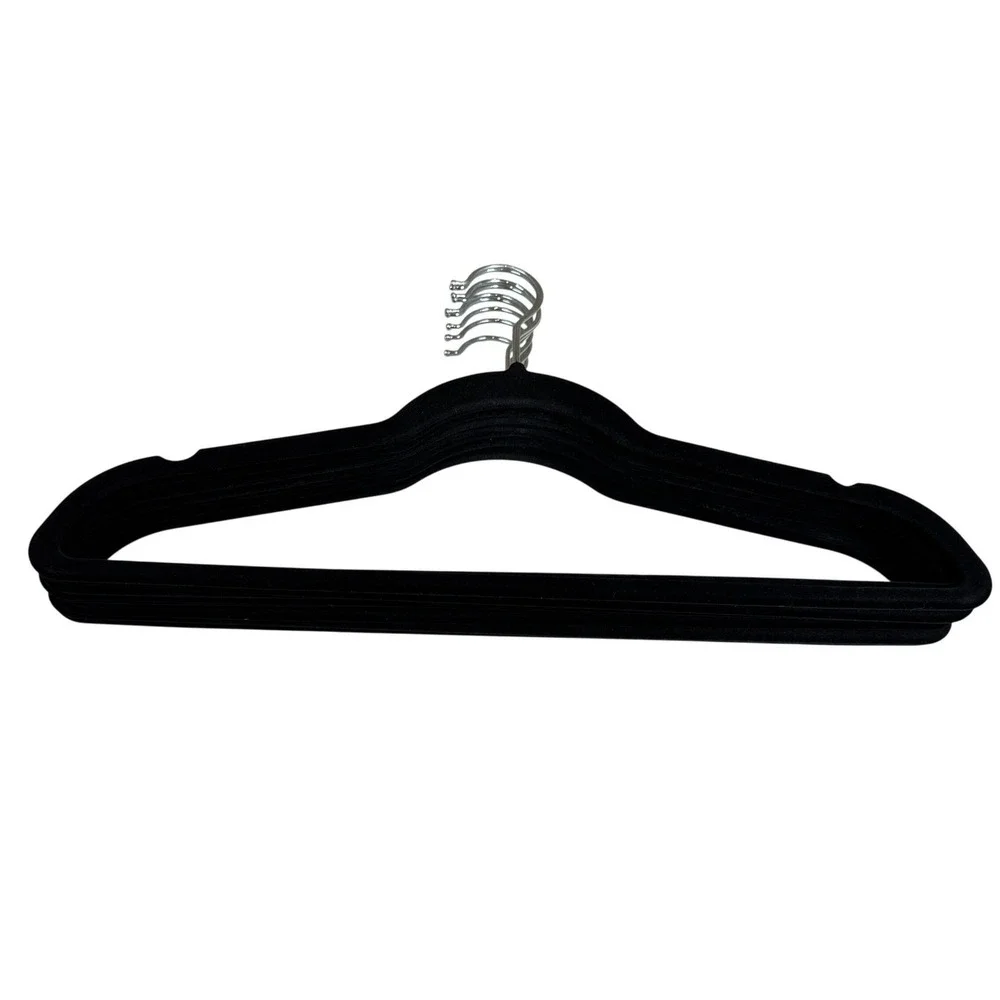 Set of 10 Black Velvet Non-Slip Clothes Hangers Chrome Swivel Hook Space Saving
